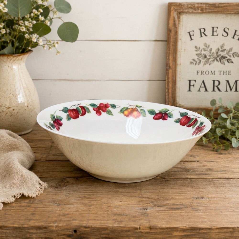 Housewares Ceramic Fruit Motif Serving Bowl White 9.5 Inch Oven Microwave Safe